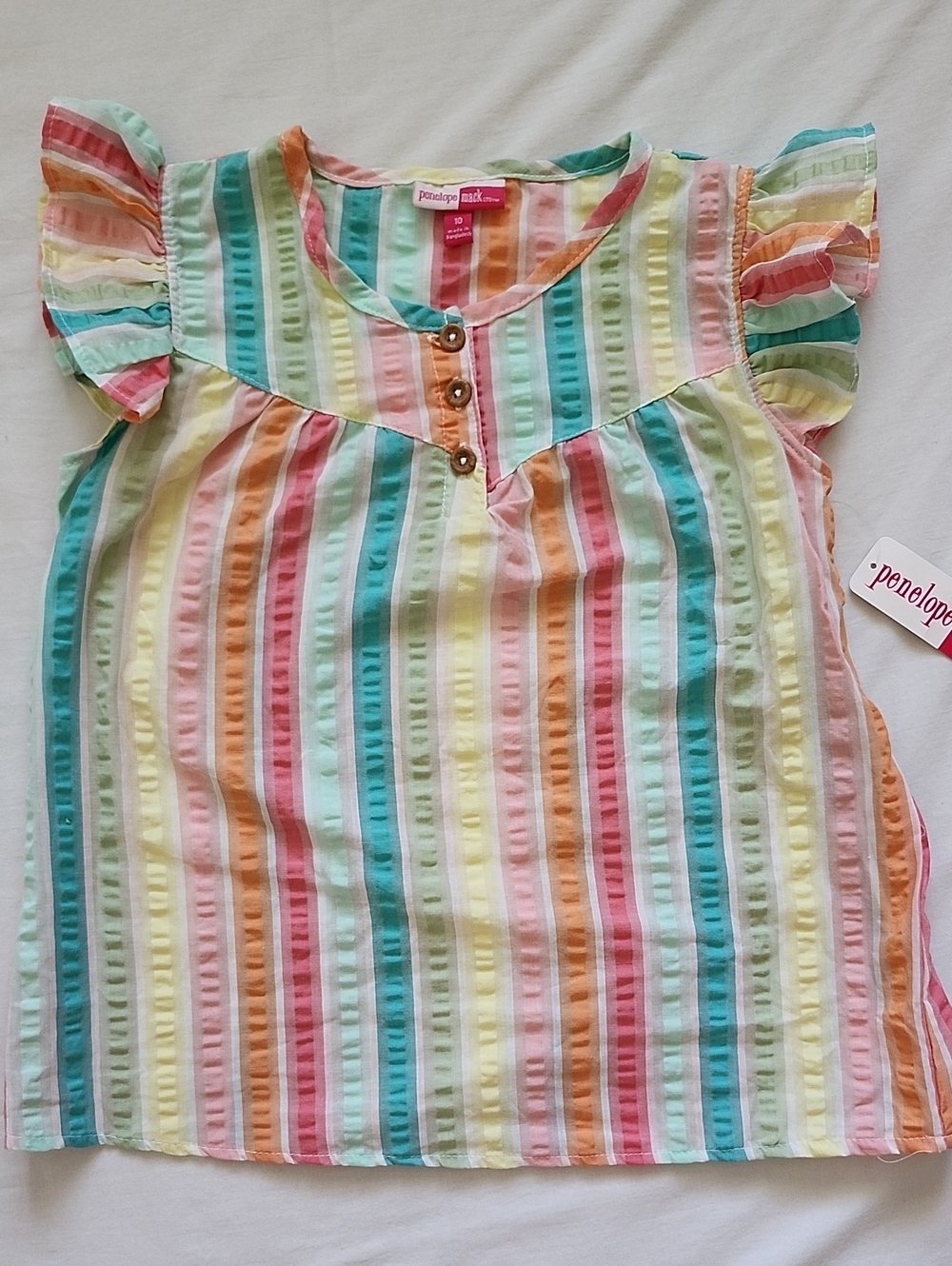 NWT Penelope Mack Girls Rainbow Striped Flutter Sleeve Top & Denim Shorts Set 10 - Picture 2 of 9